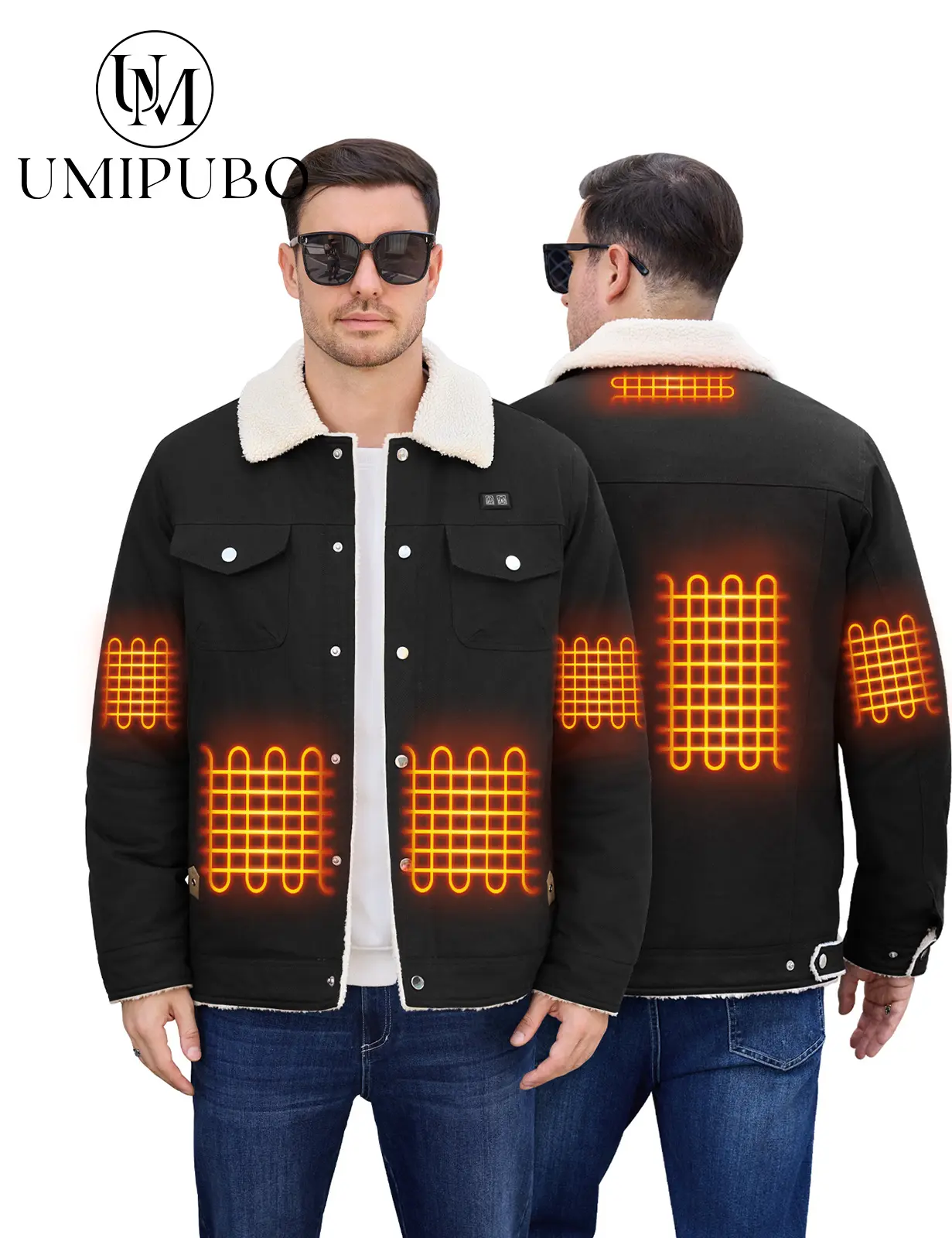 UMIPUBO Winter Men's Heated Fleece Jacket with 5 Heat Zones, Sherpa Lining, Snap Closure, Warm Winter Outdoor Coat