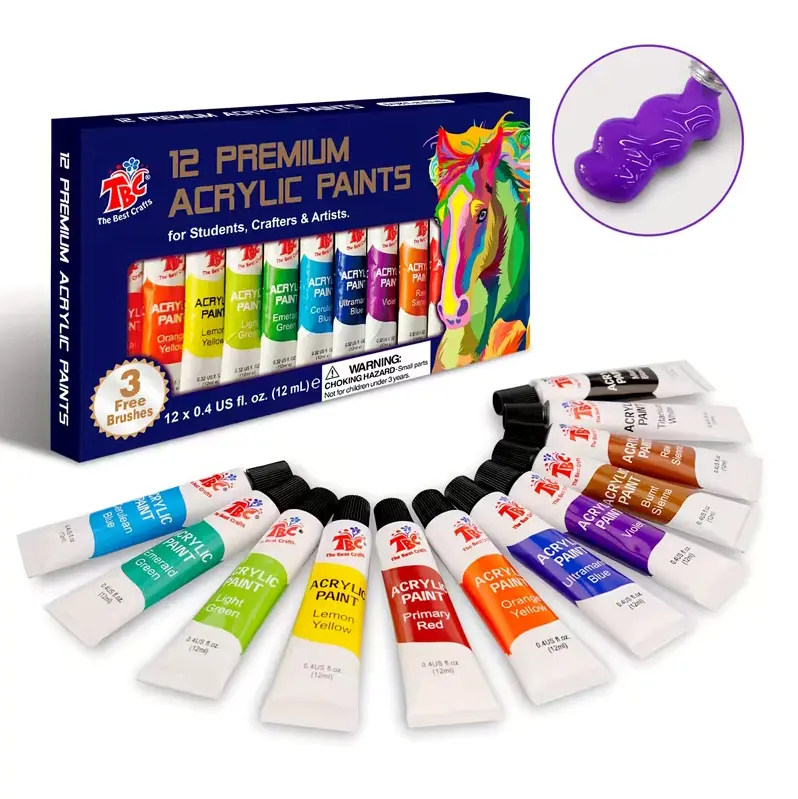 TBC The Best Crafts Acrylic Paint Set, 12 x 0.4fl.oz/12ml Tues Acrylic Paint, Rich Colors, Non Toxic Paint for Rock, Paper, Canvas,Beginners,back to shcool