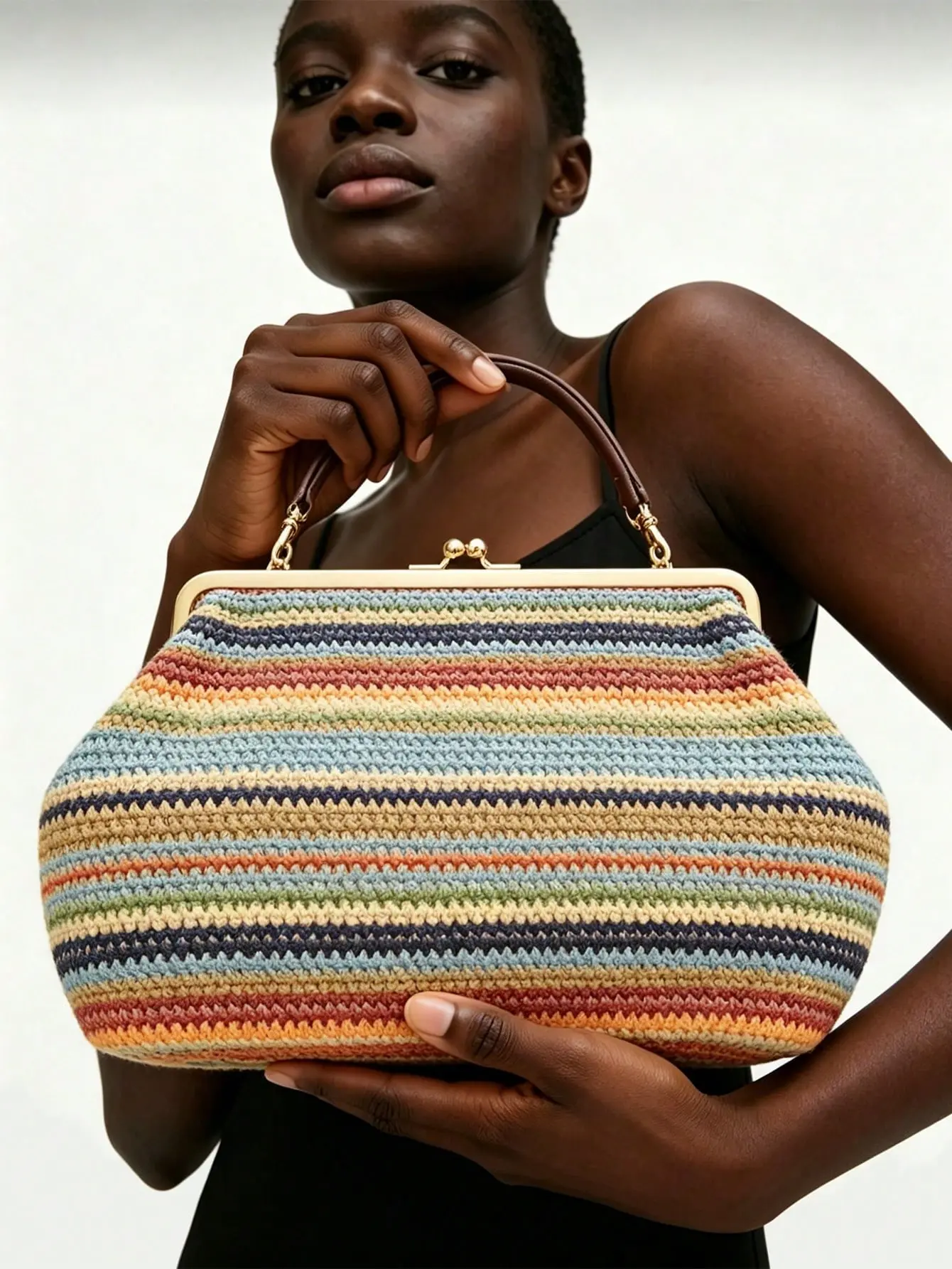 Women's Vintage Colorful Striped Crochet Kiss Lock Shoulder Bag - Boho Style Crossbody, Top Handle Hobo Bag, Straw Texture Frame Purse with Detachable Leather Strap for Beach Vacation Daily Use, Bohemian Crossbody Bag