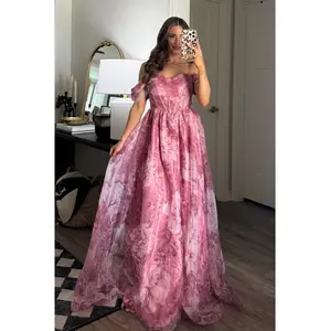 Garden Wedding Organza Off Shoulder Floral Maxi Dress: Mauve