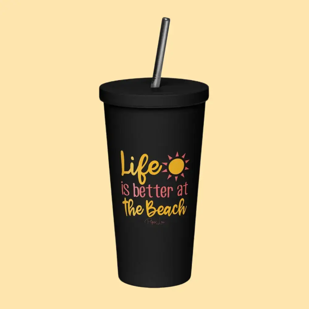 20oz Stainless Steel Beach Theme Tumbler - "Life Is Better At The Beach" Funny Quote Drinkware with Straw, Lid, Vacuum Insulated Tumbler Mug Vacuum Flasks, Funny Quote Tumbler, Insulated Bottle
