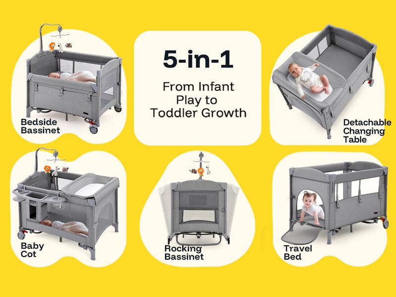 HARPPA Saimia | 5-in-1 Pack and Play Baby Bassinet & Playard, Bedside Sleeper with Mattress, Rocking Bassinet for Baby, Diaper Changing Baby Cribs, Foldable Playpen for Travel