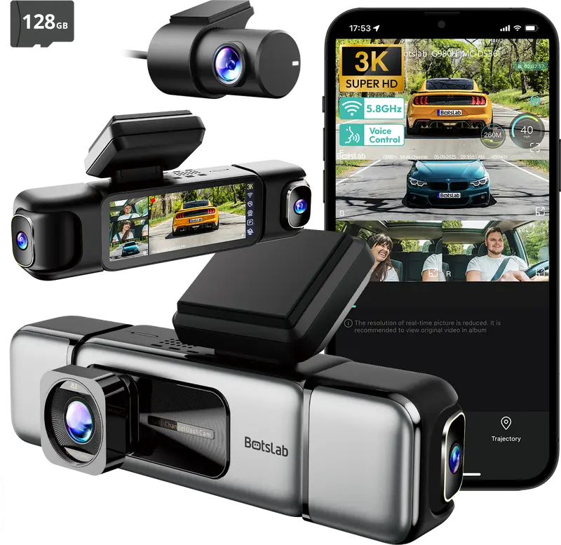 Botslab 3K 4 Channel Dash Cam with 3.18” Touch Screen, 24/7 Parking Mode, Built-in GPS, 5.8G WiFi, Night Vision, Voice Control, 128GB Card, Rear Camera Monitor