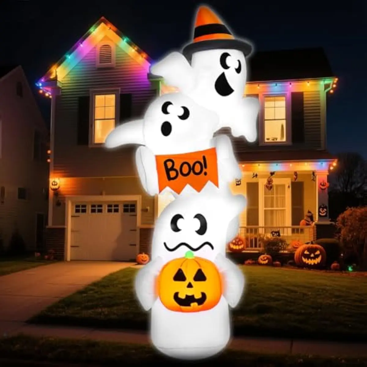 9ft Tall Halloween Inflatable Ghost Outdoor Decorations, Giant Overlap Ghost Inflatable Decor with LEDs, Blow Up Yard Decorations for Halloween Party Garden Lawn Yard Decor