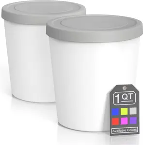 Premium Ice Cream Containers (2 Pack - 1 Quart Each) Perfect Freezer Storage Tubs with Lids for Ice Cream, Sorbet and Gelato! - Grey