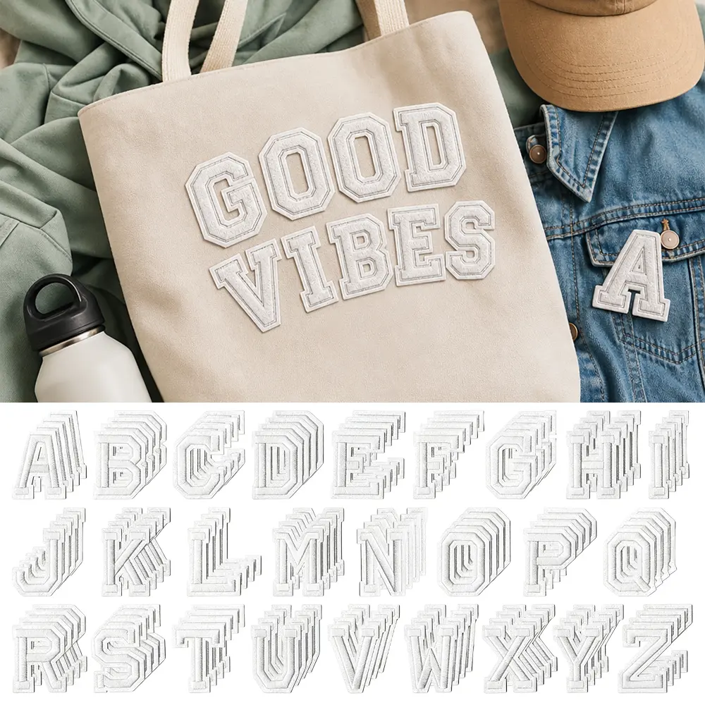 4 set White Iron on Letters Patches Alphabet Embroidered Patch A-Z Decorate Repair Letter Patches for Clothing Shirts Jackets Hats Jeans Shoes