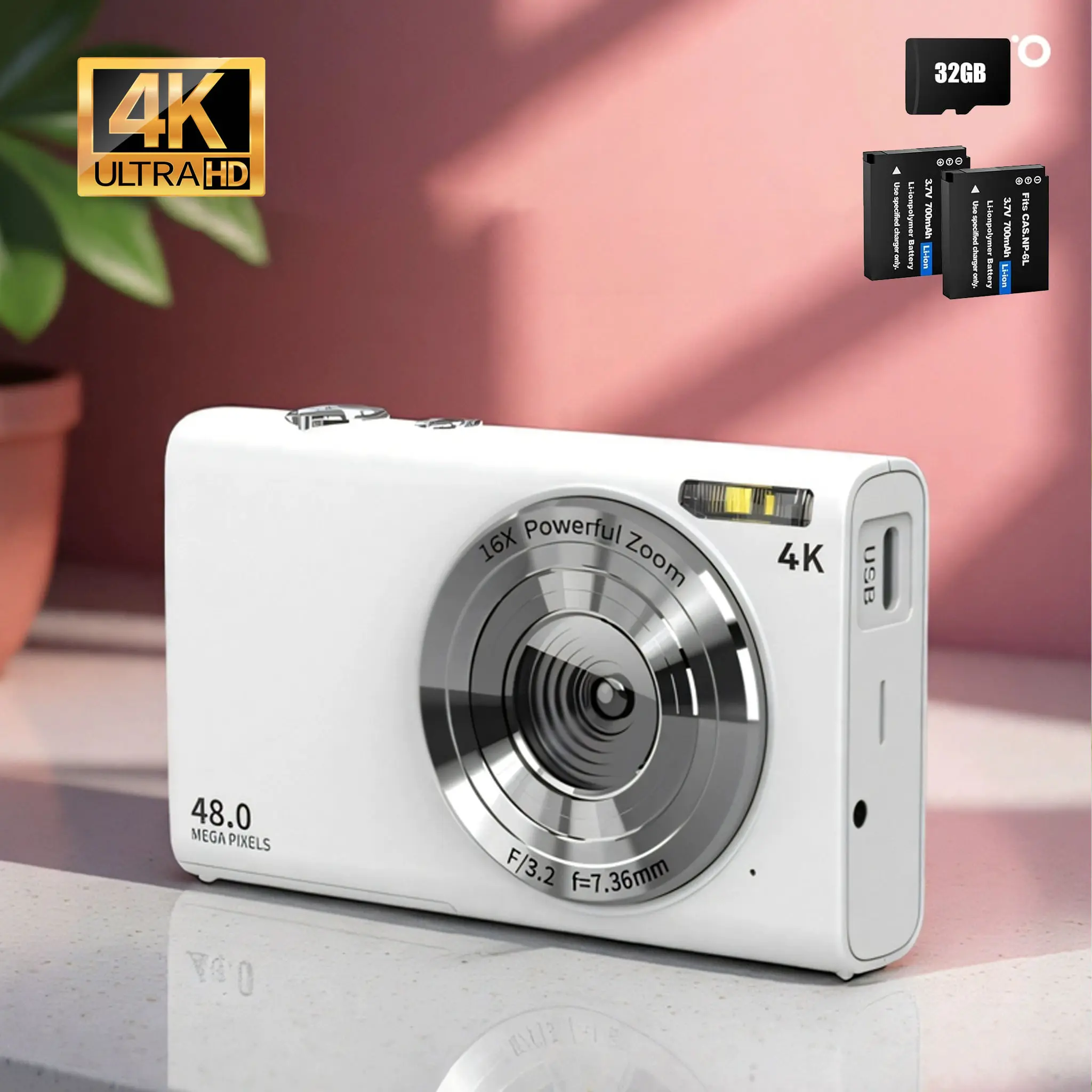 Pocket Digital Camera, 4K Autofocus Vlogging Camera with Flash, 48MP Point and Shoot Digital Camera with 16X Zoom, Anti-Shake, 32GB Card, Portable Compact Camera for Teens Adult Beginner (White), Camera Digital, Micro Sd #SummerVibes