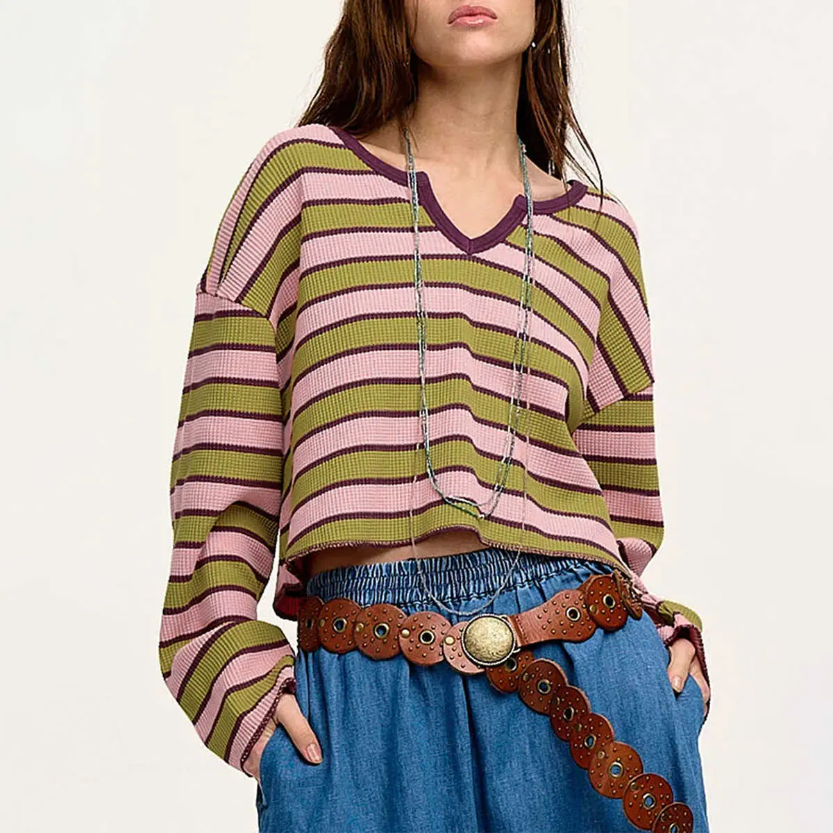 Women's Comfortable Striped Spinach Green Clashing-Stripe Waffle-Texture Notched-Neck Longsleeve Blouse, Longsleeves