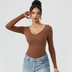 OYV Women's 1 Piece Bodysuit Sexy Ribbed T Shirt One Piece V Neck Long Sleeve Bodysuit