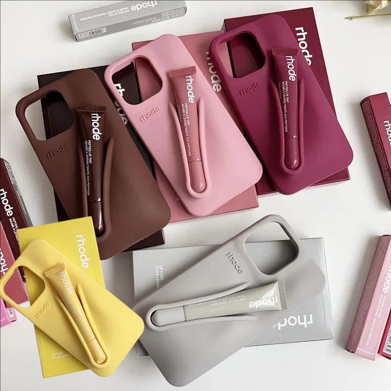 RHODE Minimal Chic Makeup Phone Case with Built-In Lip Treatment Storage for iPhone 11 12 13 14 15 16 17, Stylish Protective Back Cover, Cute Beauty Phone Case for Everyday Use