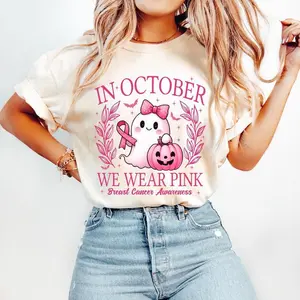In October We Wear Pink Shirt, Retro Breast Cancer Awareness T-Shirt, Halloween Pink Ghost Sweatshirt, Breast Cancer Halloween Clothing Unisex Cotton Tops