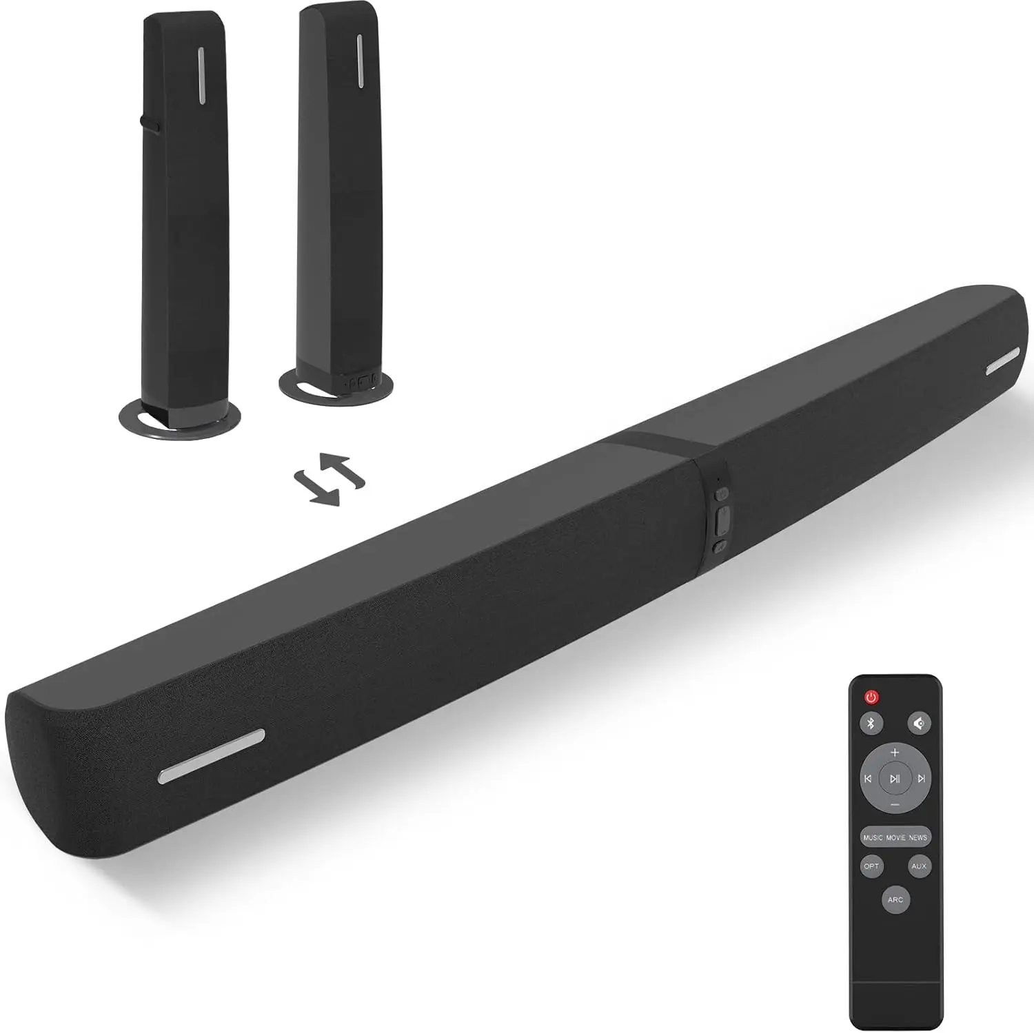 Sound Bar for Smart TV,90W Soundbar with Bluetooth/ARC/Optical/AUX Connect, Auto Volume Boost, 3 Customizable Equalizer Modes, 2 in 1 Detachable Soundbar for TV/PC/Gaming/Projectors