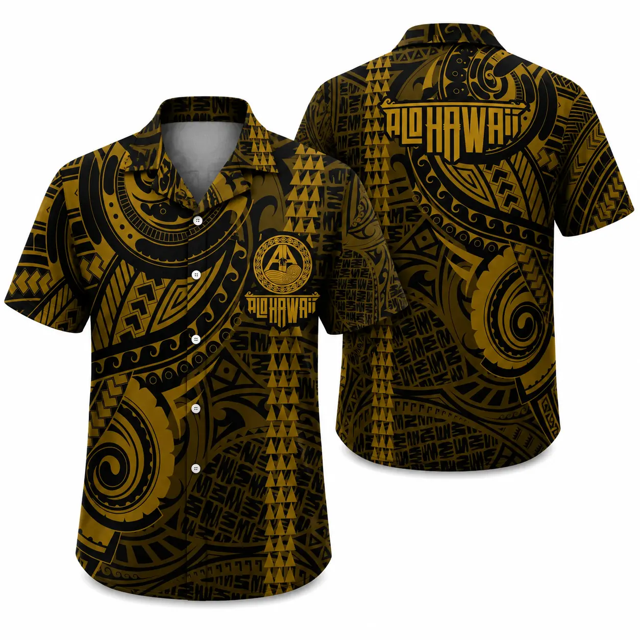 Gold Polynesian Hawaiian Shirt, Tribal Tattoo Hawaiian Shirt, Maori Pattern Aloha Shirt, Hawaiian Island Button Up, Black Gold Tropical Shirt, Samoan Ethnic Beach Shirt, Luau Vacation Summer Shirt, Island Style Hawaiian Shirt, Gift for Men Women