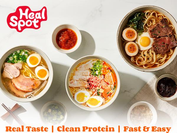 Healspot High-Protein Instant Ramen Cups, 6-Pack – Non-Fried Noodles with 32g Plant-Based Protein, Low Fat, Low Carb, Non-GMO, Keto Friendly (Golden Umami, Smoky Chili & Classic Ramen Flavors)