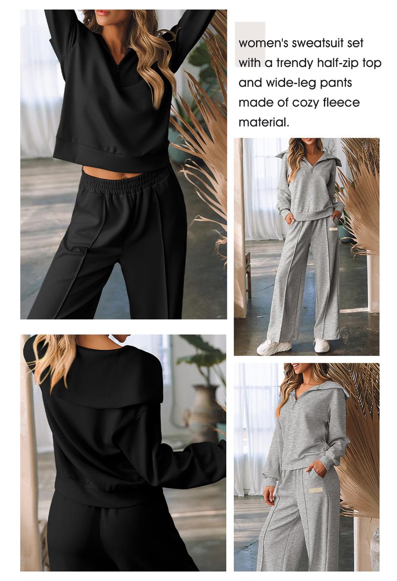 Aleumdr Women's Two-Piece Outfit Half-Zip Sweatshirt & Wide Leg Sweatpants Tracksuit for Autumn Sportswear Running Fitness Loungewear Set