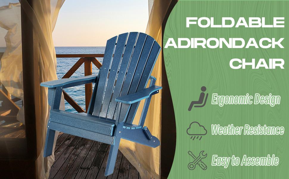 【GARVEE】Folding Oversized Adirondack Chair in Navy Blue, Weather-Resistant HDPE Material, Ideal for Outdoor Use on Patio, Porch, Deck, Garden, and Near Fire Pits