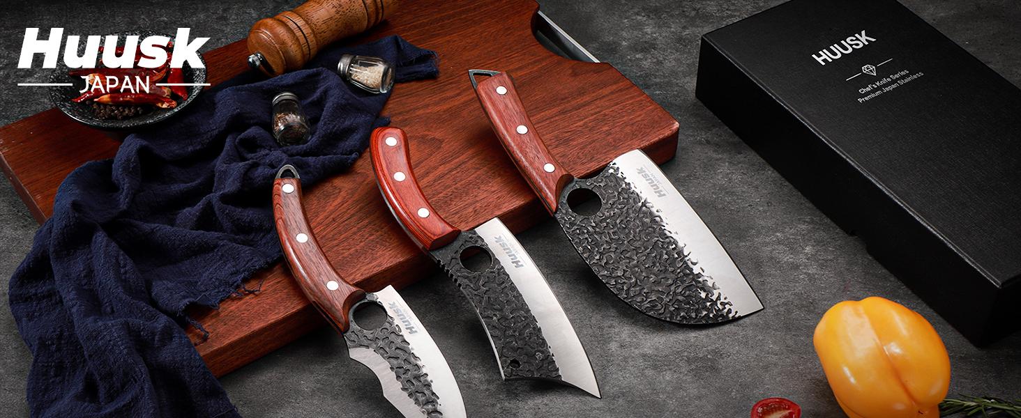 Huusk Hand Forged Butcher Knife Set – 3PCS High Carbon Steel Kitchen Knives with Rosewood Handles for Meat, Bone & BBQ Cutting – Professional Chef Gift for Christmas