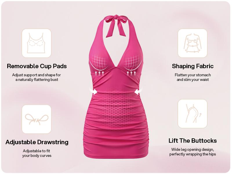 Lilylove 2026 New Women's Halter Tankini Set Ruched V-Neck Sculpting One Piece Swimsuit Tummy Control Slimming Snatched Waist Shapewear Bathing Suit Swimwear Swimming Beach