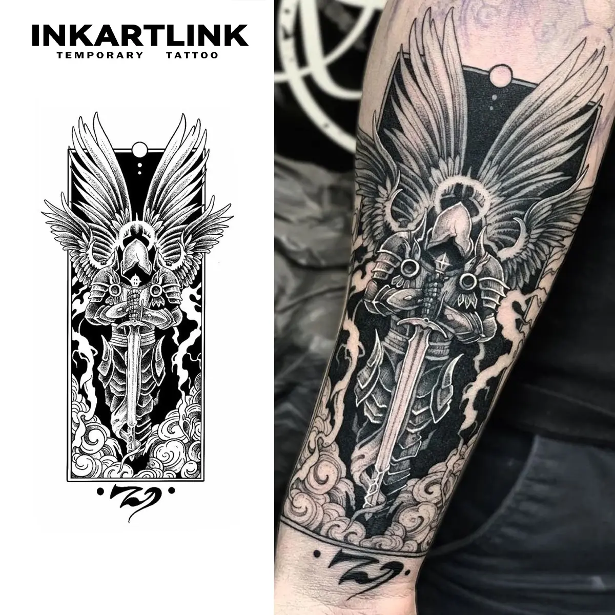 INKARTLINK Realistic Temporary Tattoos for Adults, 2 Sheets of Waterproof Tattoo Art with Holy Knight Angel Sword & Wings Design, For All Skin Types