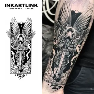 INKARTLINK [2 Sheets] Holy Knight Angel Temporary Tattoos, Realistic Sword & Wings Fake Tattoo Stickers, Waterproof Epic Body Art for Men
