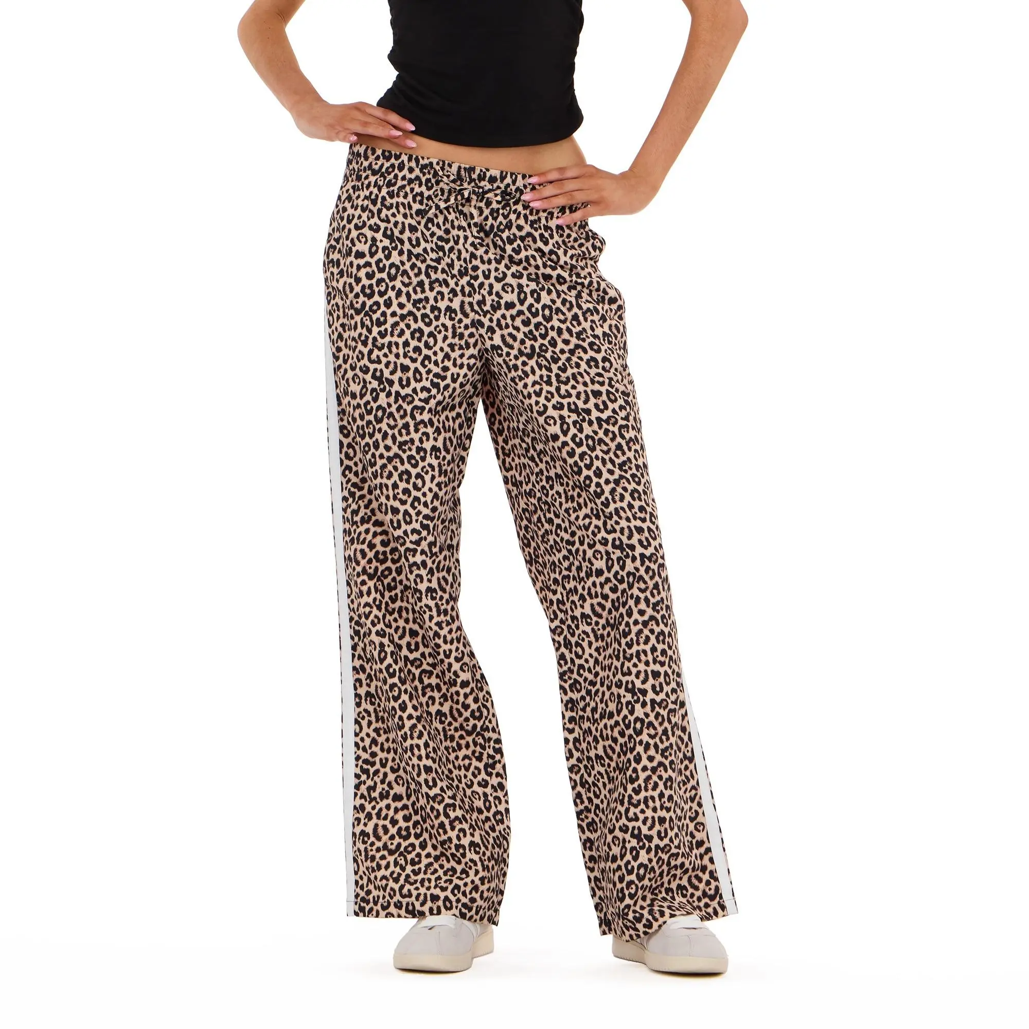 Forever 21 Women's Sporty Wide-Leg Nylon Pants with Side Stripe - Low-Waisted, Draped, Lightweight, and Fitted