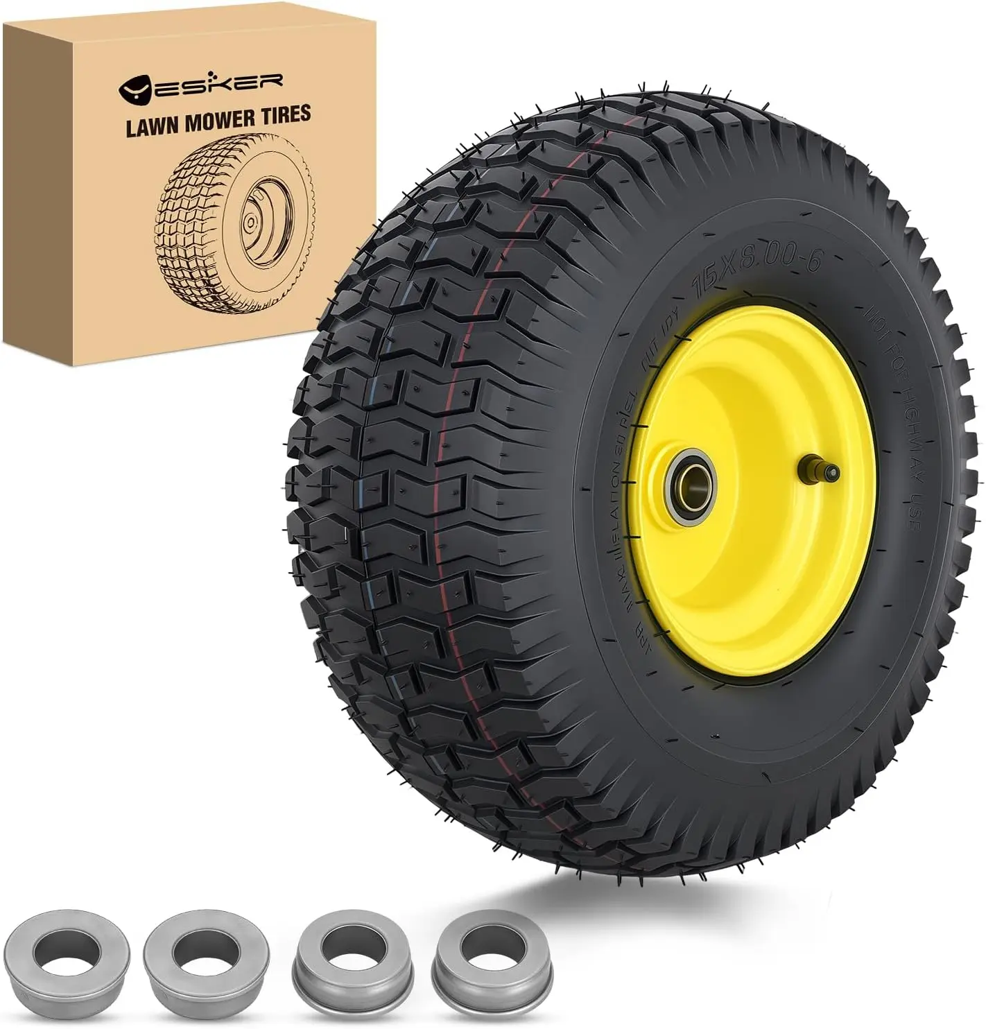 Yesker 15x6.00-6 Flat-Free Lawn Mower Replacement Solid Tire, 15" High-Density Polyurethane Puncture-Proof Wheel for Residential Mowing, Landscaping & Outdoor Power Equipment, 3/4" Axle Bore, 3" Hub Length, Consistent Rolling, Maintenance-Free Use, 1 Pack