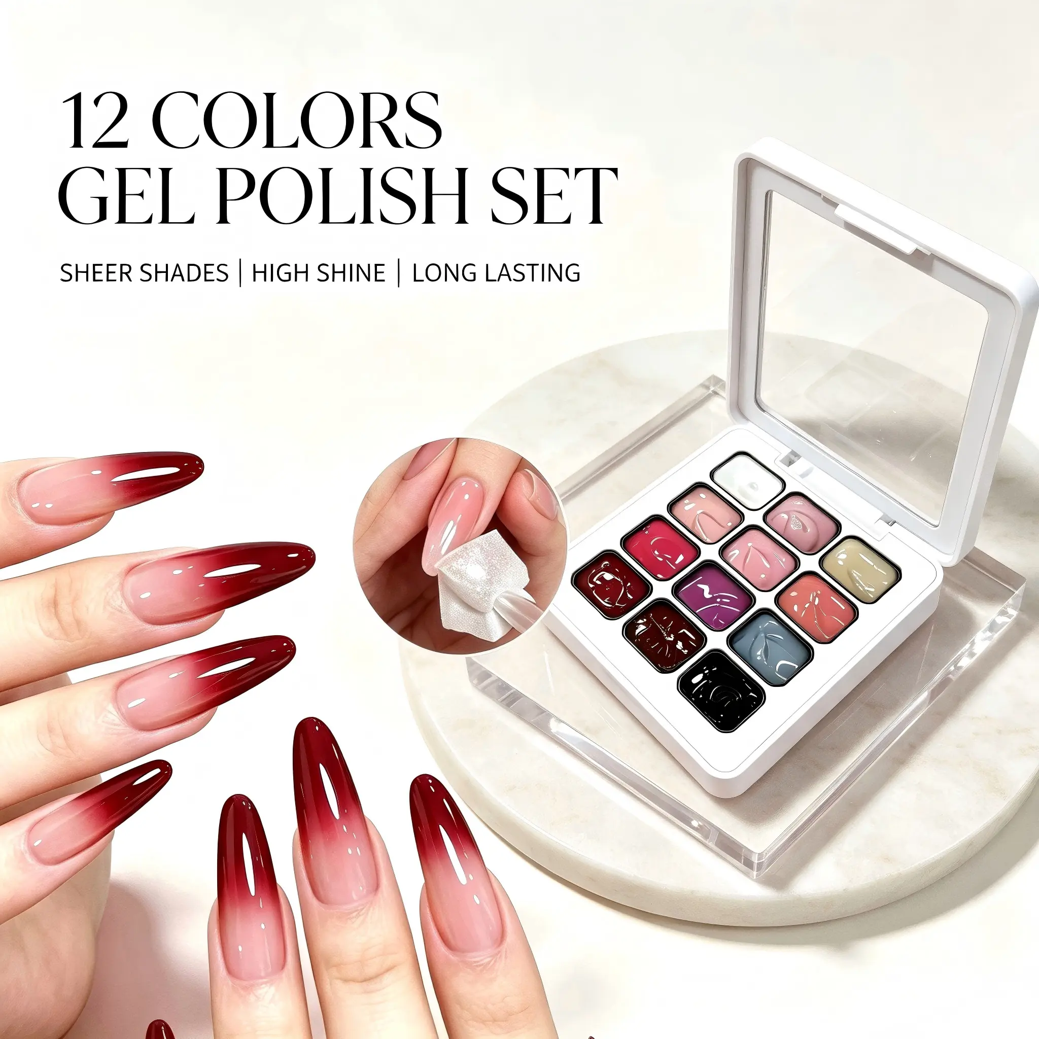 12-Colors Korean Pastel Silky Butterfly Ombre Solid Jelly Pudding Gel Palette Set, Mixable Sponge-Applicable Gel for Aura Blush Gradient Stamping Nails, UV LED Soak-Off Painting Kit for Home DIY & Professional Nail Salons press on nails nails