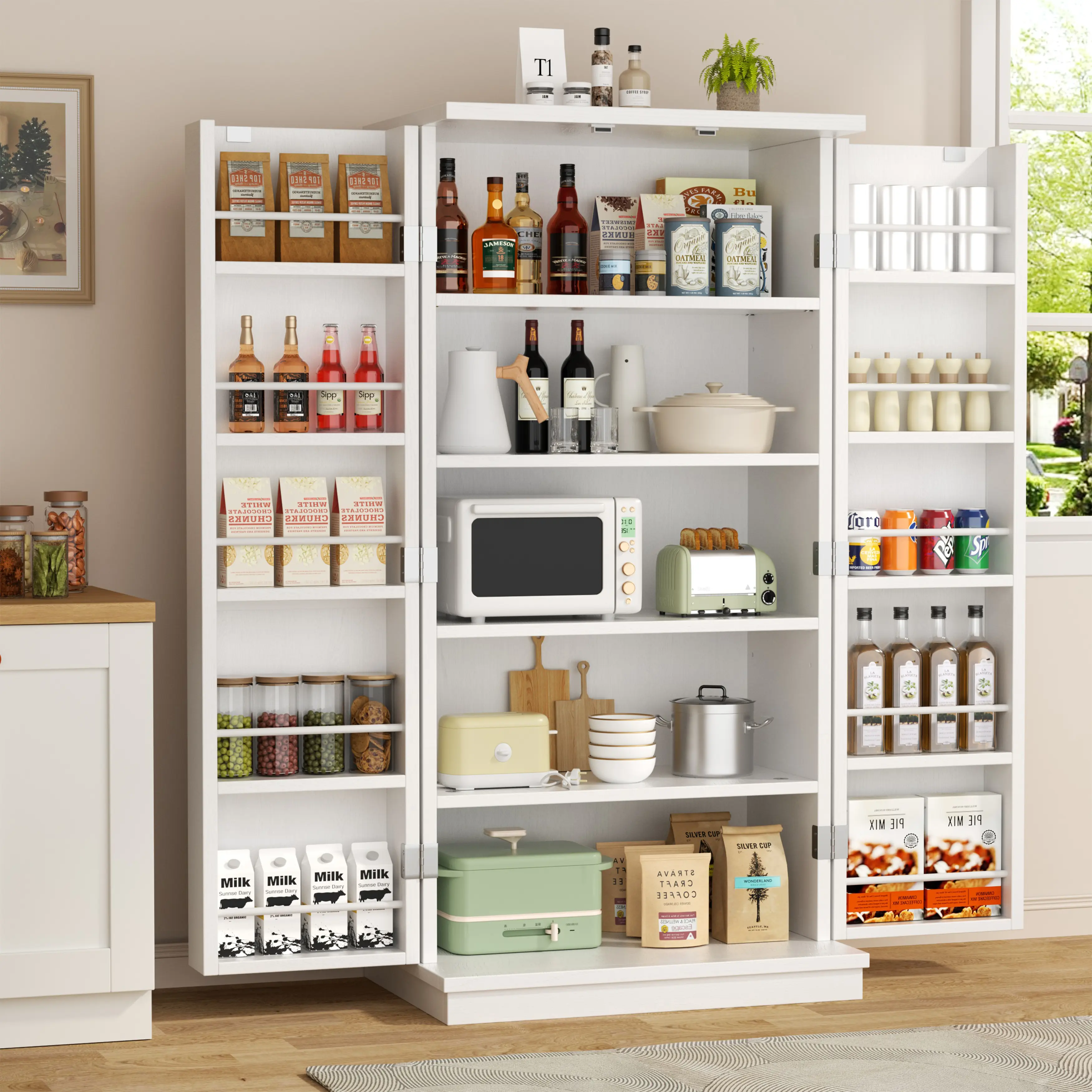 Walsunny Kitchen Pantry 5-Tier 16 Adjustable Shelves Storage Cabinet with Doors, Freestanding Pantry Cupboard for Kitchen, Dining Room, Living Room Adjustable beverage Shelves for Living Room and Dinning Room, Sideway Organizer, White