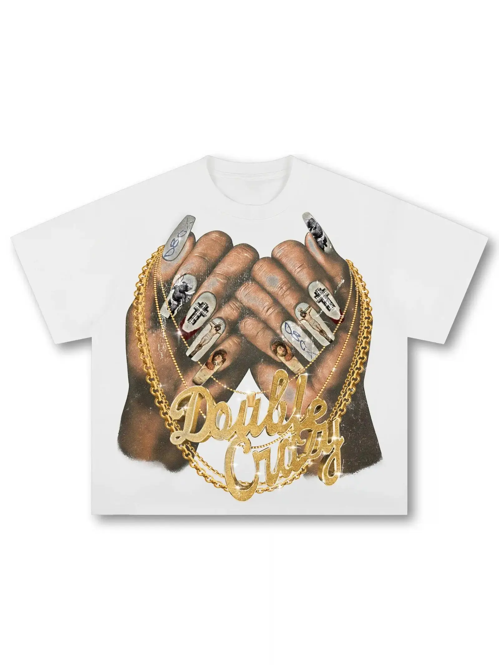 Double Crazy Y2K Streetwear Graphic Tee Gold Chain Hands Print Oversized T-Shirt Premium Cotton Heavyweight Urban Hip Hop Aesthetic Fashion Top Unisex Gift