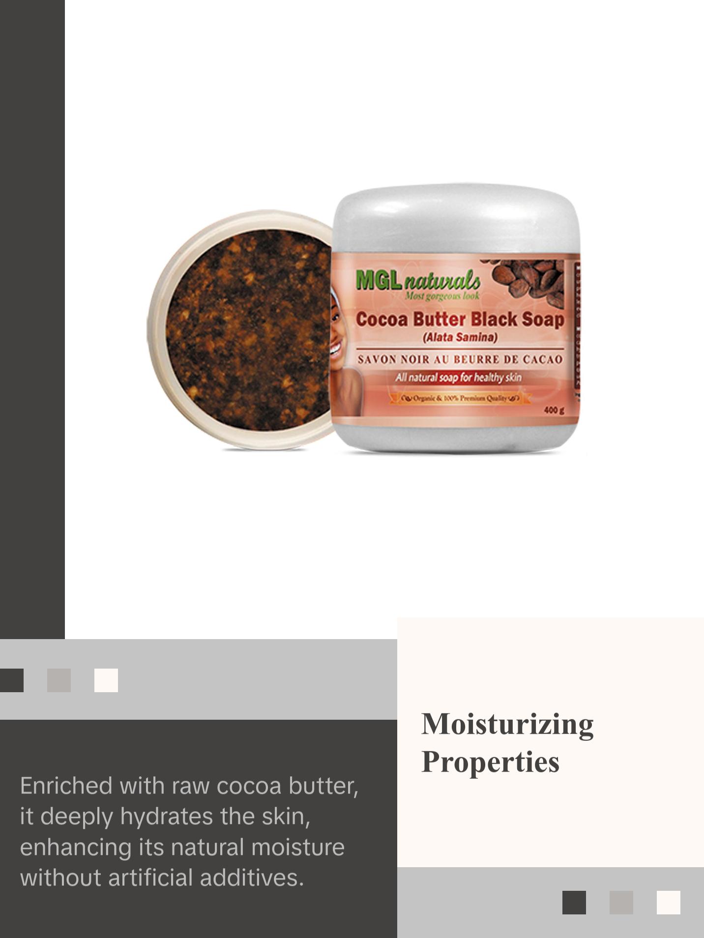 Cocoa Butter Black Soap - All Natural and Organic Raw African Black Soap made with raw cocoa butter for deep cleanse bath and gorgeous skin