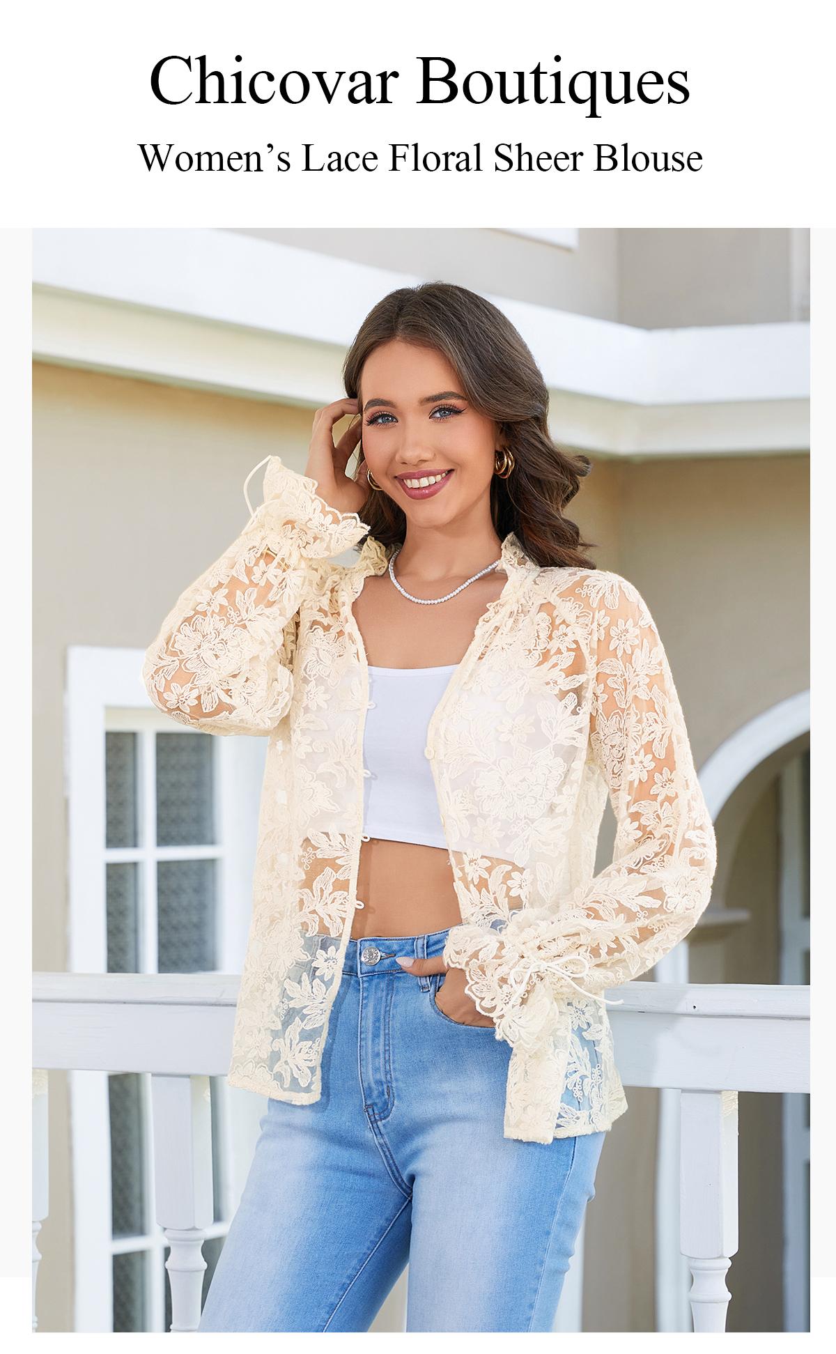 Chicovar Women’s  Floral Lace Sheer Blouse, Long Sleeve Button Front Mesh Top with Drawstring Cuffs, Lightweight Romantic Overlay Shirt,Perfect for Date Night, Party, Casual, or Vacation