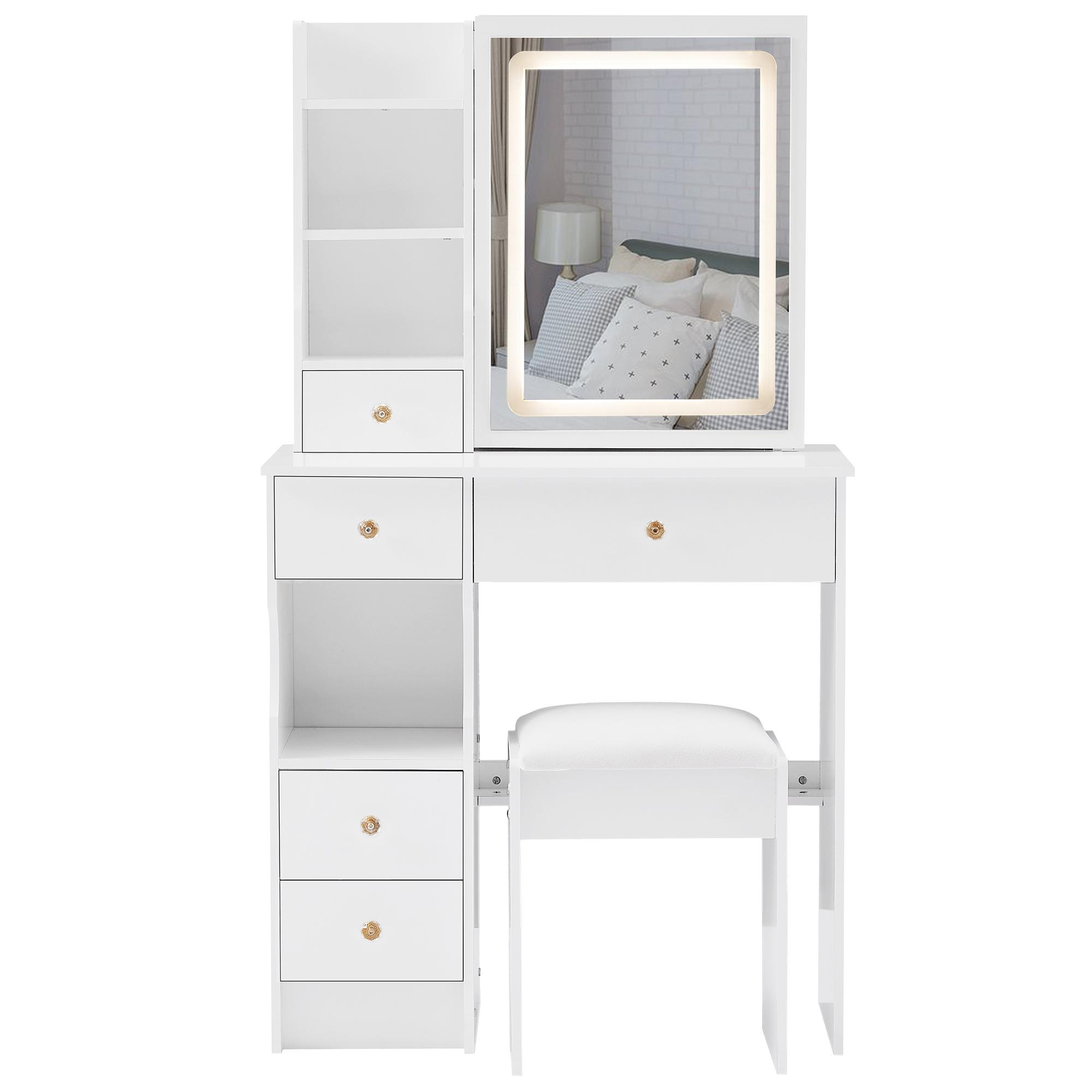 29.2" Small Size Left Drawer Desktop Vanity Table + Cushioned Stool, Large Sliding, Touch Control, Tri-color Switching, Brightness Adjust LED Mirror, High Capacity Storage, Suitable for Small Space 29.2" Small Size Left Drawer Desktop Vanity Table + Cushioned Stool, Large Sliding, Touch Control, Tri-color Switching, Brightness Adjust LED Mirror, High Capacity Storage, Suitable for Small Space