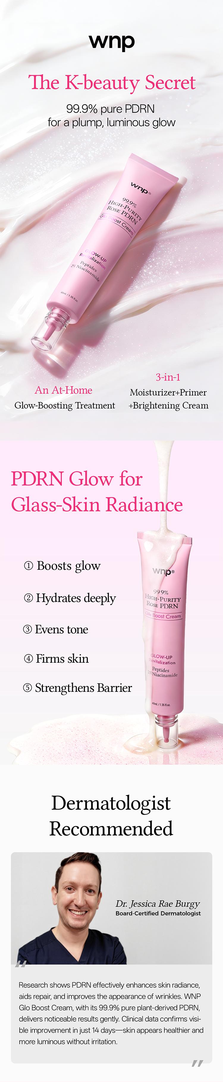 [WNP Official] WNP Glo Boost Cream | Glass glow skin | 99.9% pure PDRN, Hyaluronic Acid, Niacinamide, Peptides | Strengthen skin barrier, Even skin tone, Dark spot care | The K-beauty Secret | 3-in-1: Moisturizer + Primer + Brightening Cream