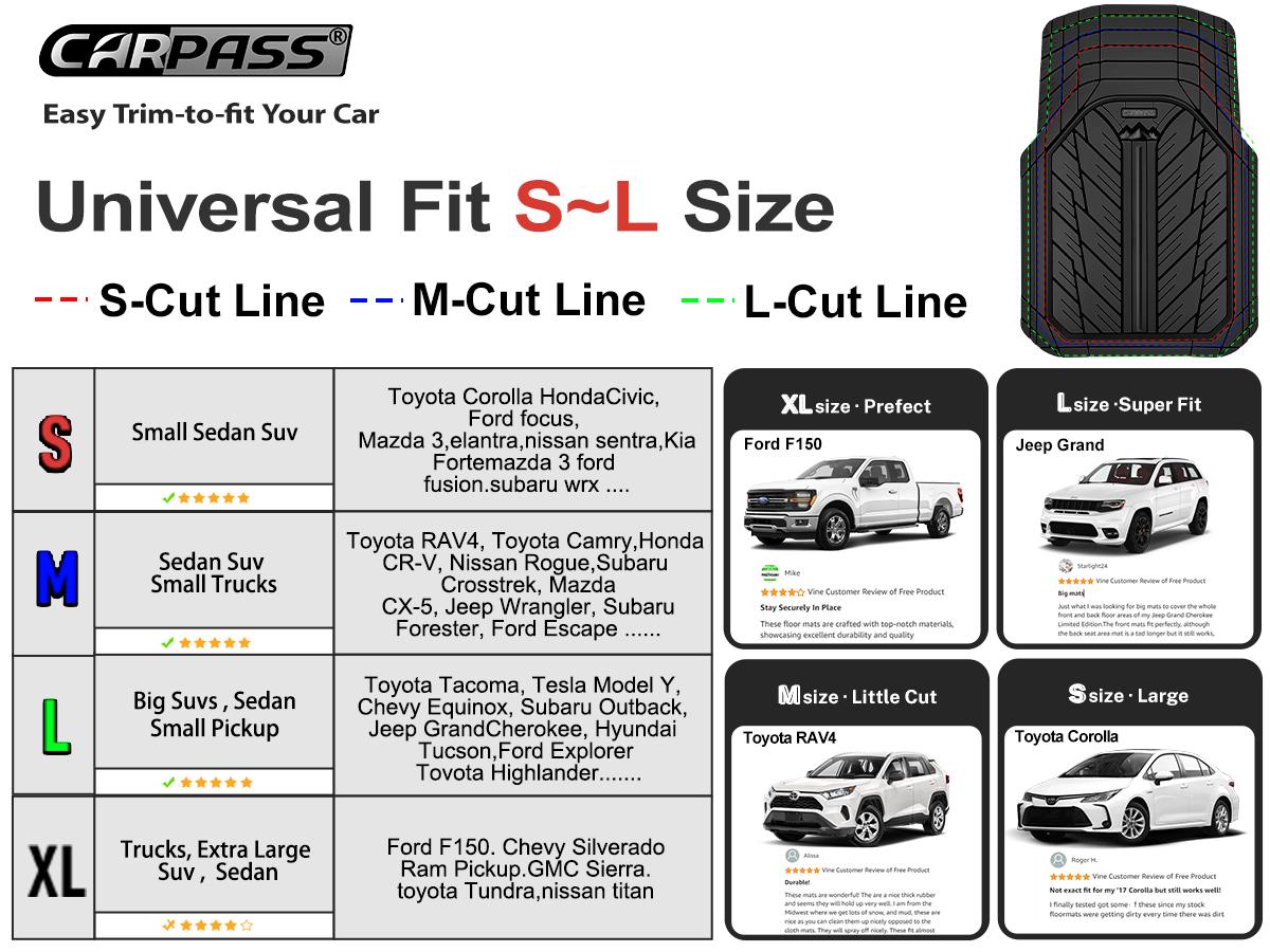 CAR PASS Durable Rubber Car Floor Mats, Deep Waterproof Car Mats All Weather, Universal Trim-to Fit Automotive Floor Mats for Car SUV Truck Van, Durable Floor Liners Solid