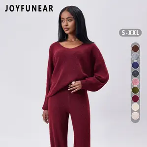 Joyfunear Women's V-Neck Knit Sweater & Wide-Leg Pants Lounge Set - Cozy, Chic, and Comfortable for Casual Wear - Soft Knit Fabric, Long Sleeves, High Waisted Pants