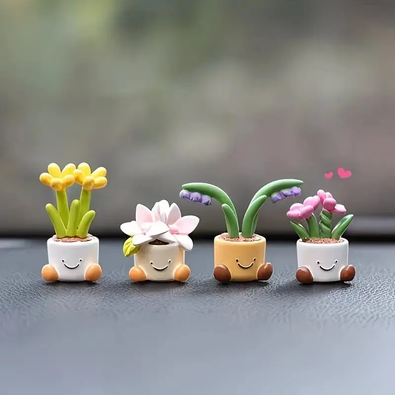 4 Counts Cute Smiley Face Potted Plant Resin Figurines, Kawaii Mini Flower-Pot Car Dashboard Decor, Cartoon Succulent Ornaments, Home Decor Accessories, Car Interior Accessory, Car Interior Decorative