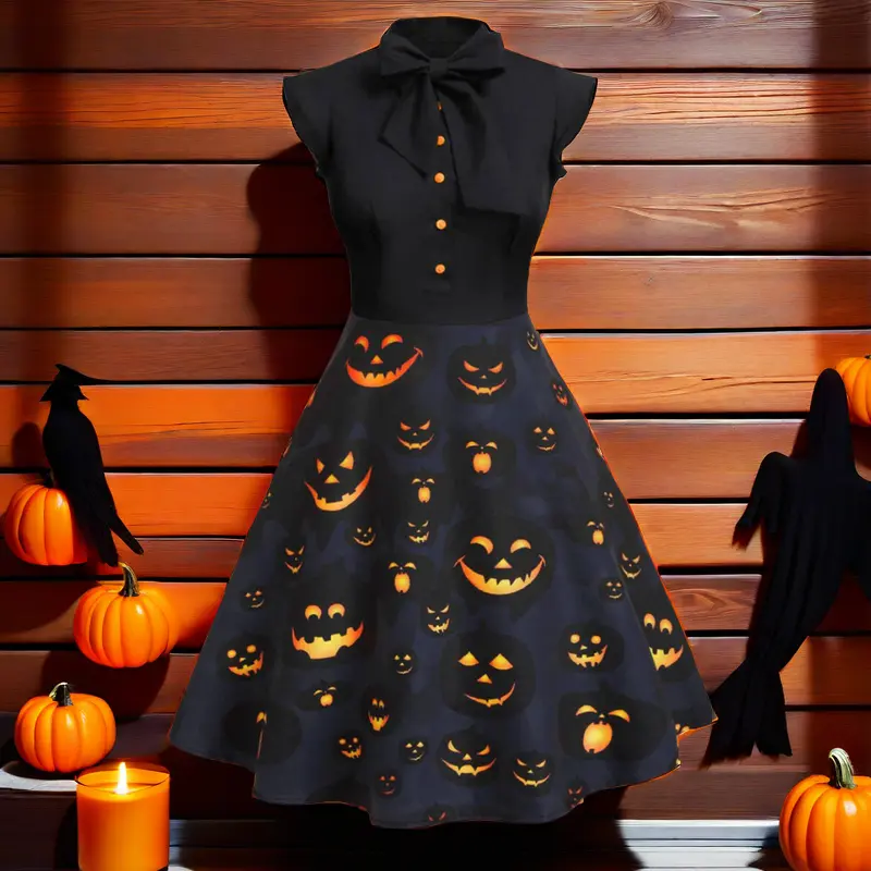Women's 1950s Vintage Halloween A-Line Swing Dress - 100% Polyester, Cap Sleeves, Button-Down Bodice, Lace-Up Knot, Zipper Ease, Knee-Long Drape, Casual Fit, XXL Holiday Wear