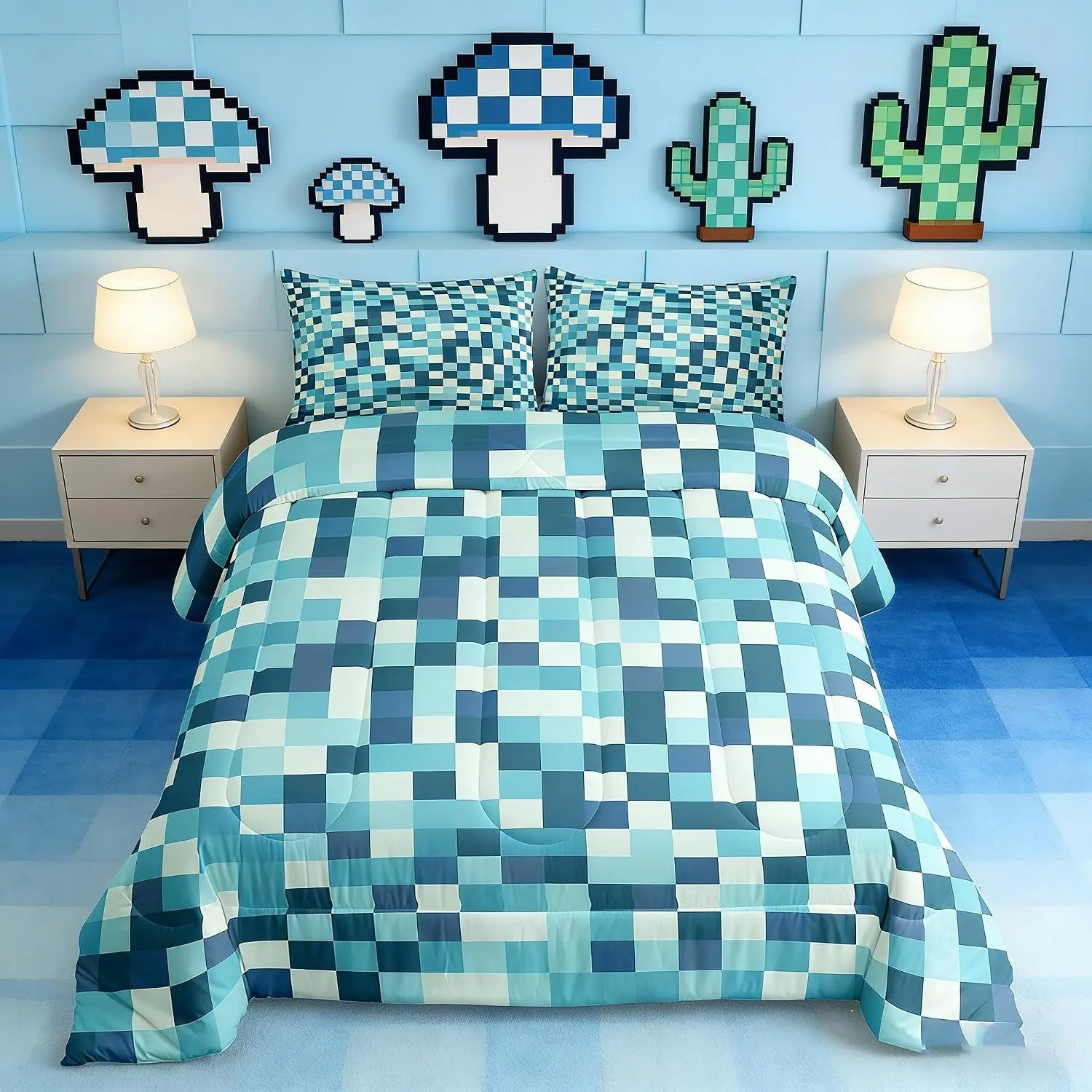 Miner Games Comforter Set,Blue Dark Camouflage Bedding Set,Modern Geometric Grid Games Down Comforter for All Season,Room Decor,No Sheets