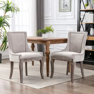 Set of 2 Thickened Fabric Dining Chairs, Solid Wood Legs with Bronze Nailhead Trim, Chenille Upholstered Kitchen Chairs with High-Quality Foam & Springs, Supports 300 lbs, Adjustable Foot Pads