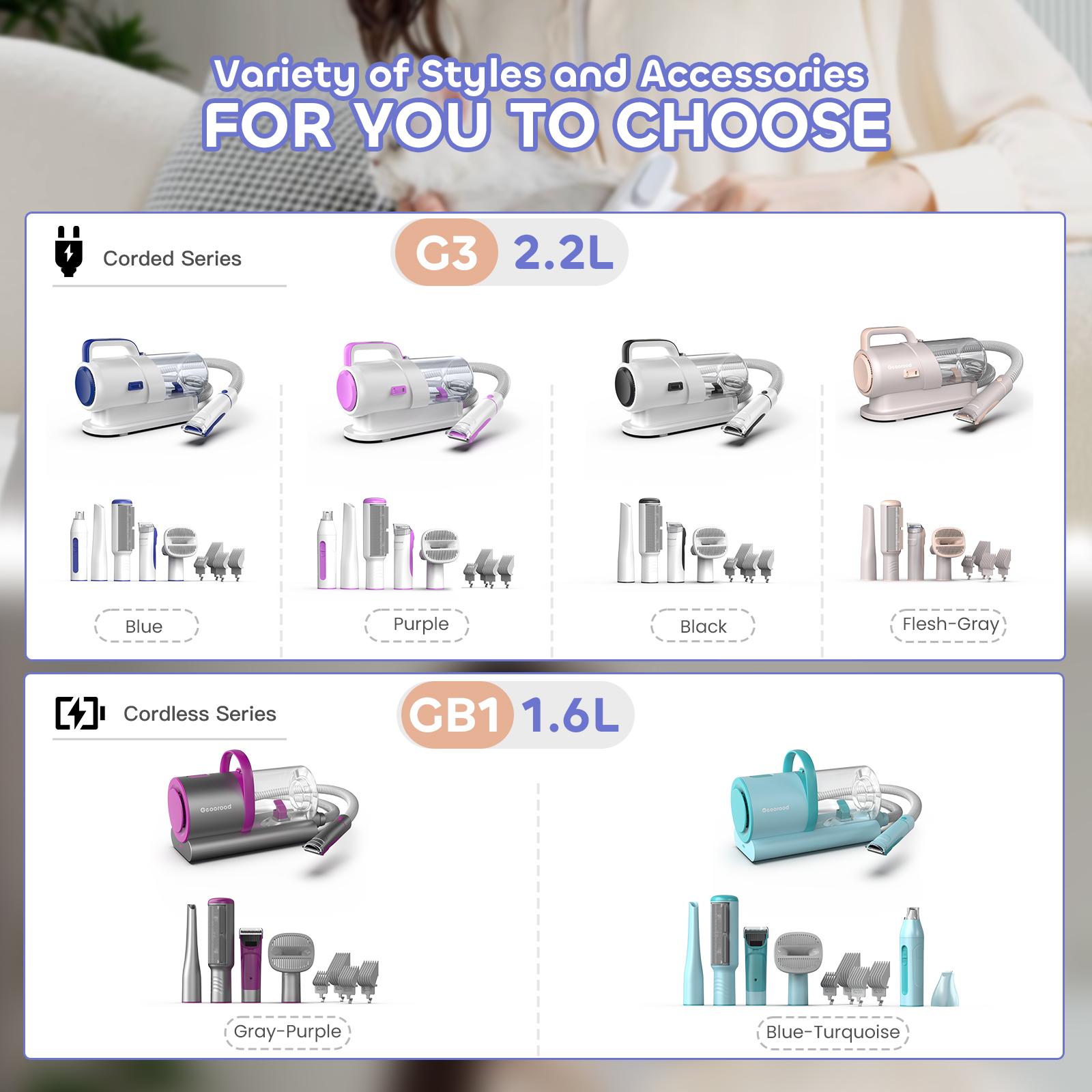 Geoorood Dog Grooming All-in-One Kit with Vacuum Brush 2.2L Large Pog Stainless Steel Blades Lightweight Design 10KPa Suction Force Portable Cleaning Set