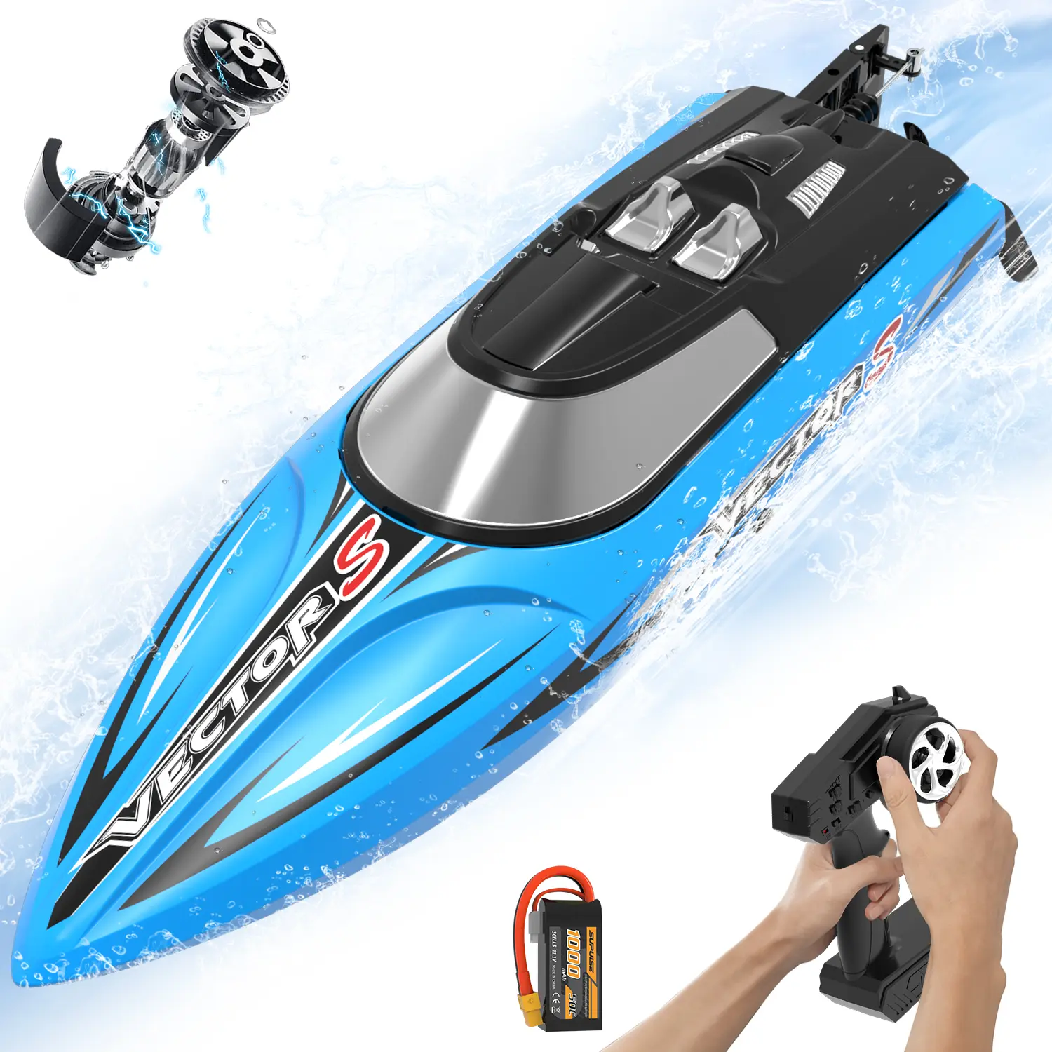 VOLANTEXRC 797-4 Vector Racing Speedboat, 2.4GHz High-Speed Brushless Remote Control Boat (48kmh), Auto Self-Righting, Easy Operation, 1-Battery Cell, for Pool/River Use, 12 Years Above, Battery Cell Included