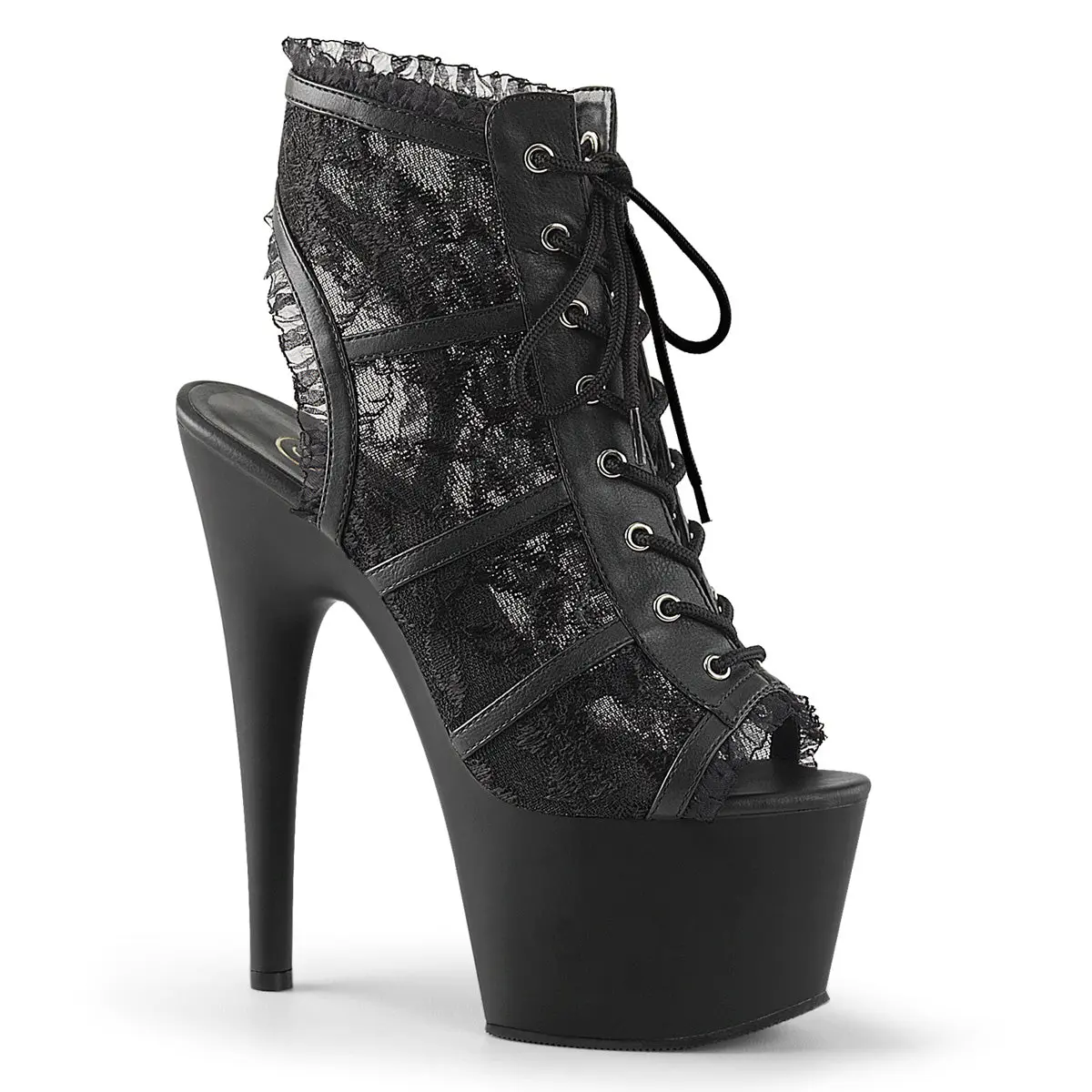 Pleaser Adore-796LC Women's Lace Open Toe Platform Booties, Elegant 7-Inch Stiletto High Heels, Black High Heels, Classy, Stylish, Fashion, Footwear, Heeled, Shoe, Night Out, Platform Sole, Mesh Lace, 7-Inch Heel
