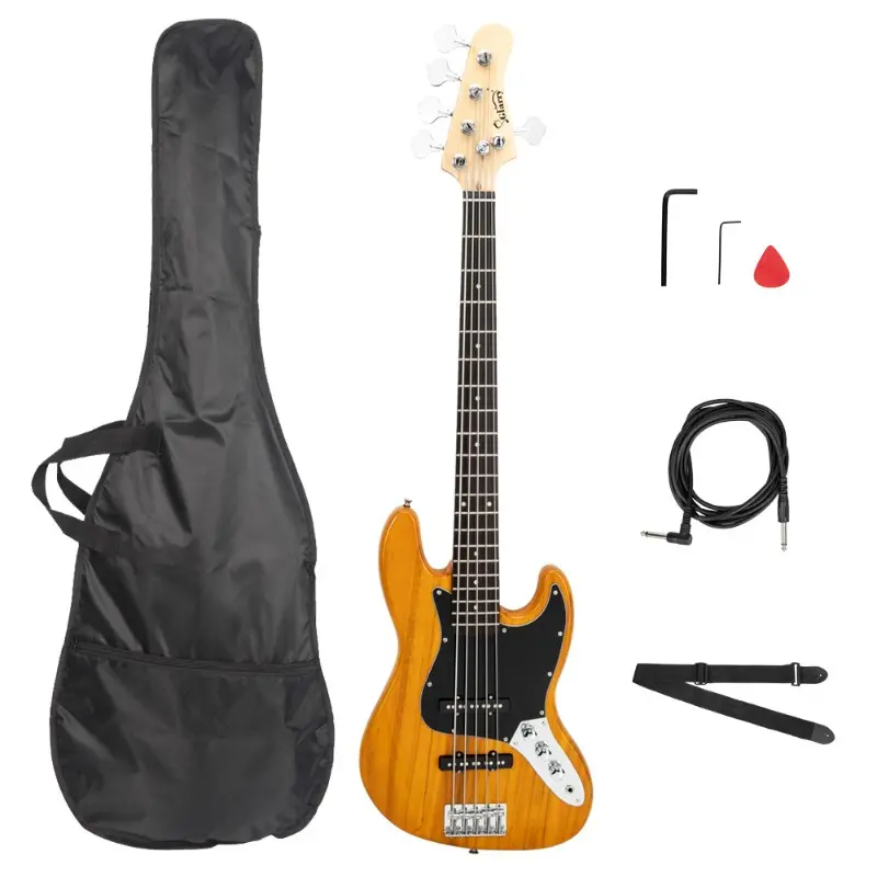 GJazz 5-String Durable Electric Bass Guitar - Full Size Transparent Yellow Basswood, Adjustable Bridge, 45.7 x 13.58 x 1.65 in, 7.38lb / 3.35kg, Synthetic Amplifier Wire, Wrench, Headstock Wrench, Bag, Strap, Pick Connector, Professional Musician Gear