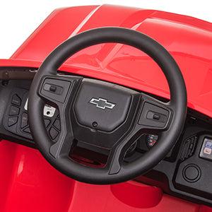 GARVEE 12V Battery-Powered Ride-On Car - Licensed Chevrolet Silverado GMC Truck for Toddlers with Remote Control, MP3/Bluetooth, Spring Suspension, LED Lights, Available in Black, White, Pink, and Red.