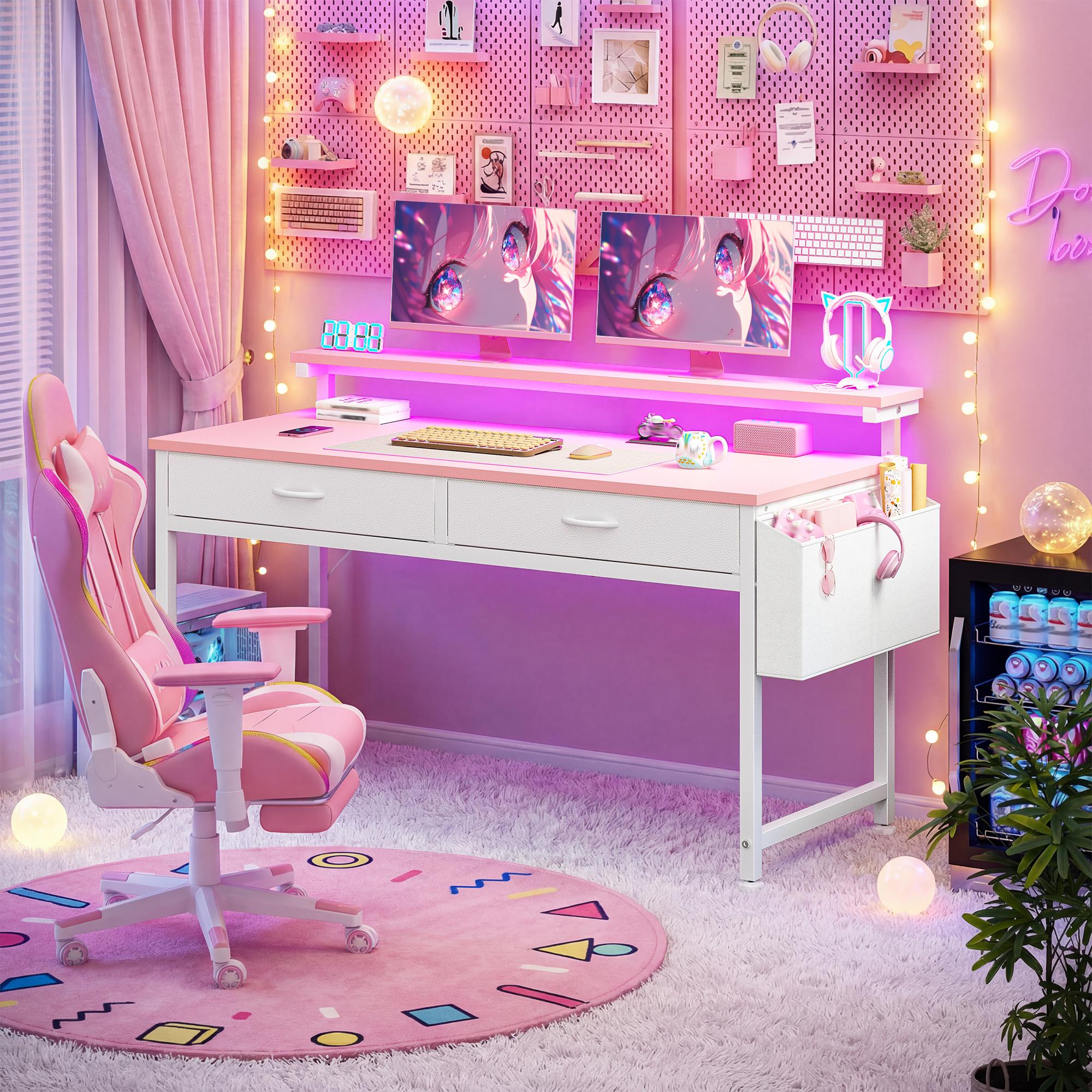 【Vanity & Computer Desk】31.5'' Gaming Desk with LED Lights in Dorm & Tiny home,Computer desk with 2 Storage Drawers,Home Office Desk with Side Pocket & Ergonomic Monitor Stand,Writing Table with Anti-Tip Design, Nice gift for Women and Teens 【Vanity & Computer Desk】31.5'' Gaming Desk with LED Lights in Dorm & Tiny home,Computer desk with 2 Storage Drawers,Home Office Desk with Side Pocket & Ergonomic Monitor Stand,Writing Table with Anti-Tip Design, Nice gift for Women and Teens