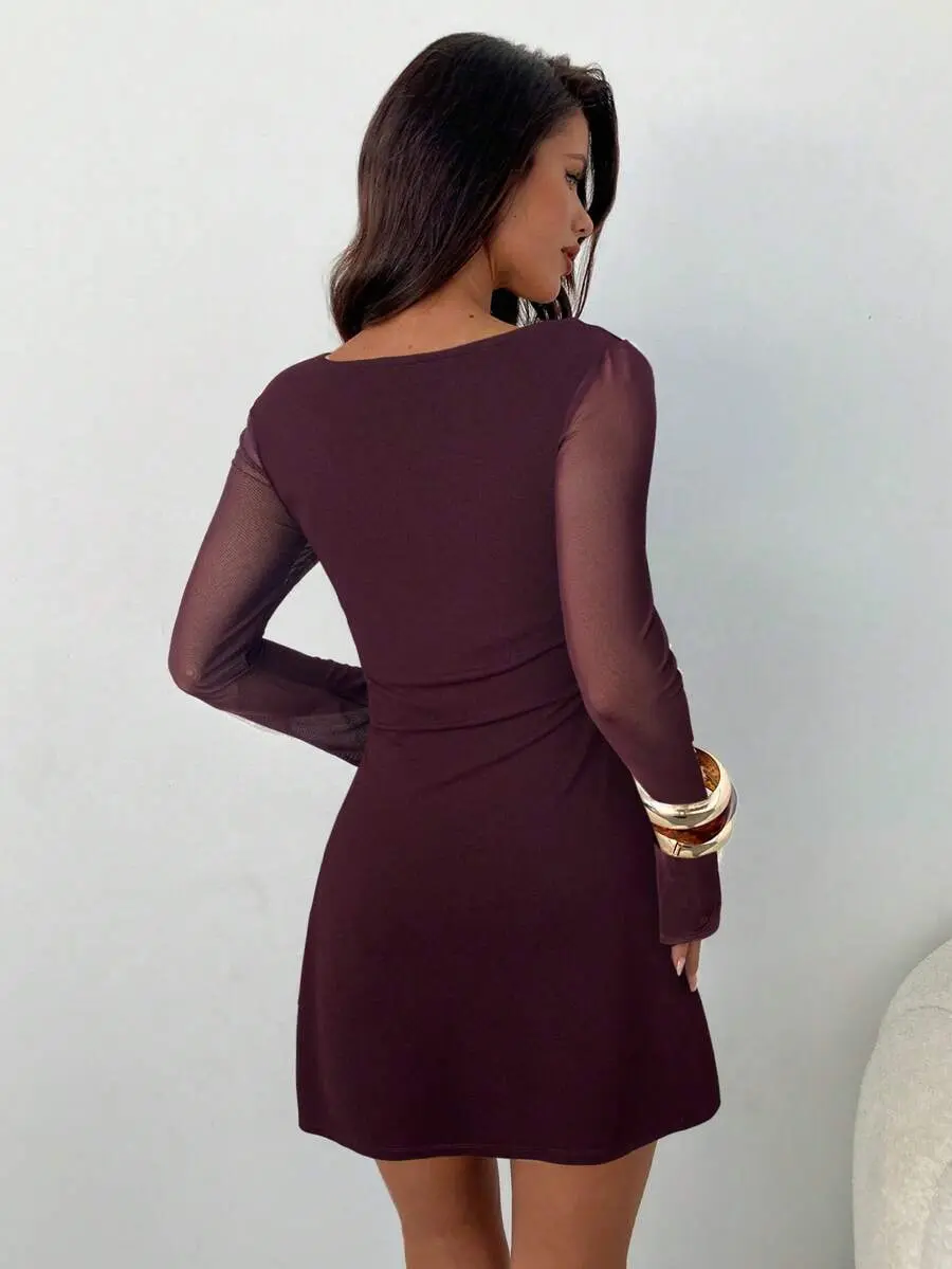 Aloruh Women's Elegant Square Neck Ruched Flare Sleeve Fitted A-Line Mini Dress,Wedding Party Dress, Aloruh Women's Elegant Square Neck Ruched Flare Sleeve Fitted A-Line Mini Dress,Wedding Party Dress,