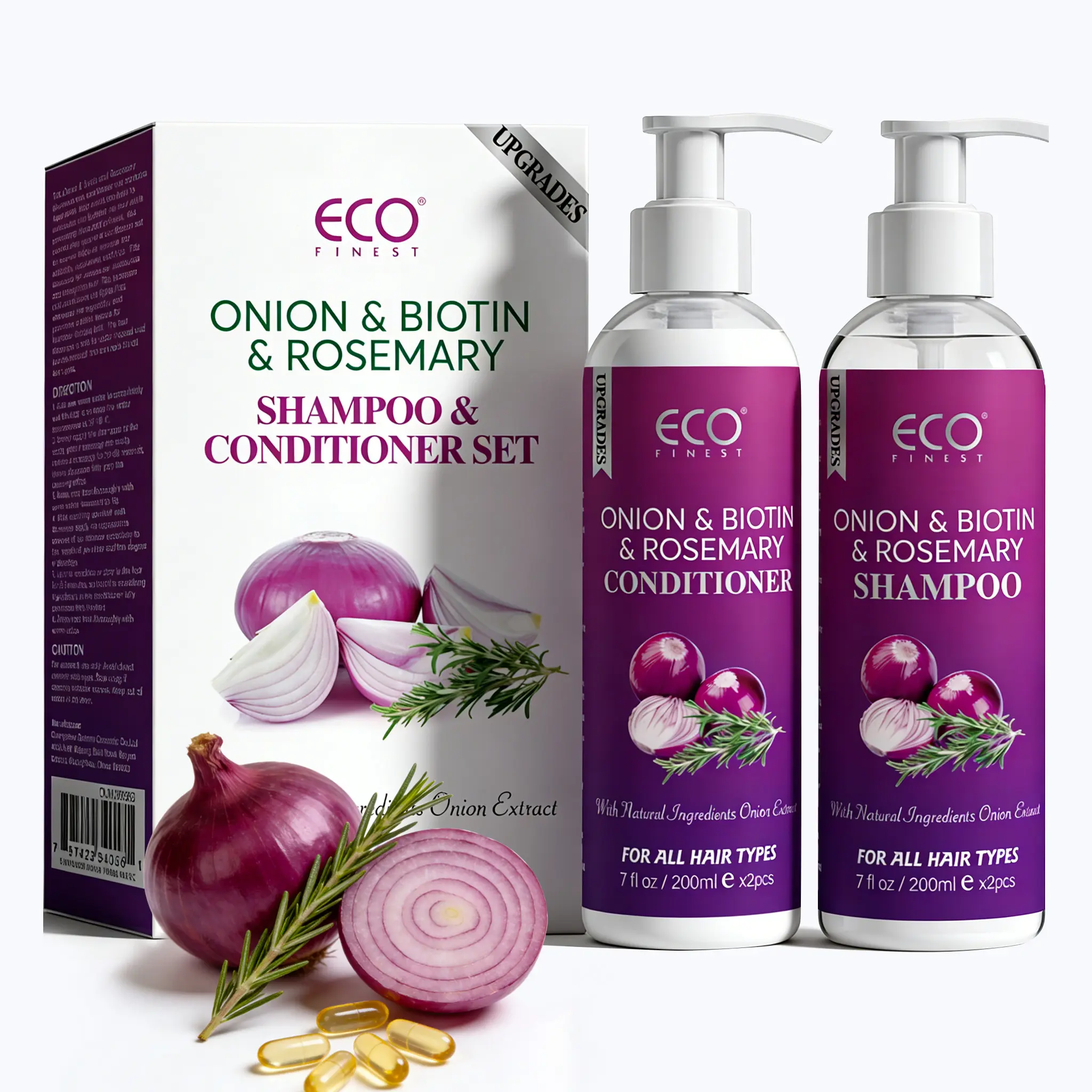 ECO Finest Onion, Biotin & Rosemary Shampoo & Conditioner Set (2 Pack, 7 fl oz Each) - Cleansing, Moisturizing, Repairing Haircare for Growth, Volume Boost, Shiny & Glossy Hair, Gentle for All Types