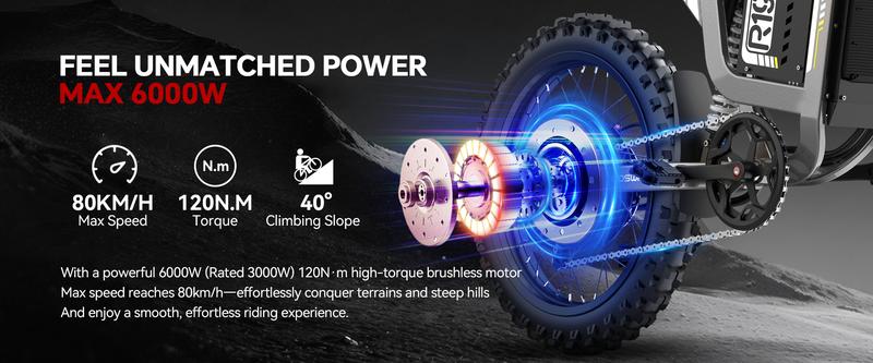 COSWHEEL R19 Adult Electric Bike 6000W 72V 40AH 19 Inch Tires 50MPH 125 Miles Range, frenos de disco hidráulicos duales, suspensión completa,Off-Road Electric Bike for Teenagers Snow Mountain.