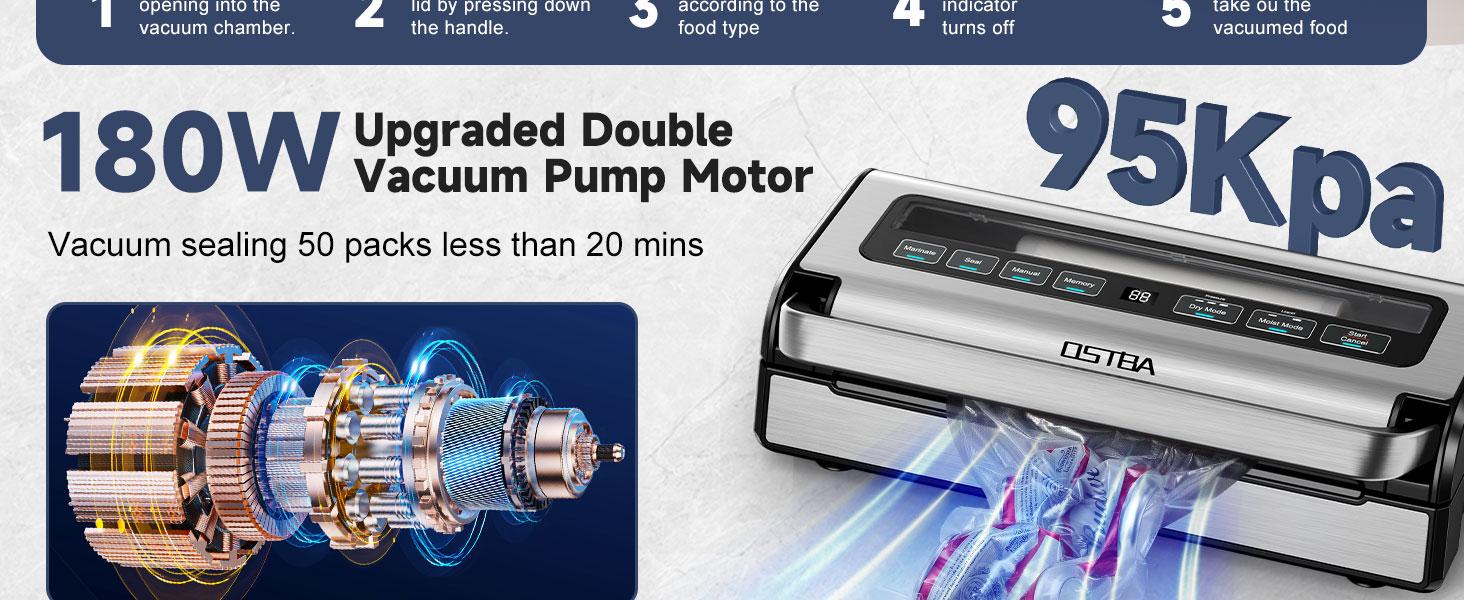 OSTBA 180W Vacuum Sealer Machine, 12-in-1 Double Pump Food Saver with Built-in Cutter & Bag Storage, Easy-Lock Handle, Dry & Moist & Marinate, Memory Function, Includes 1 Roll of Vacuum Bags & Hose