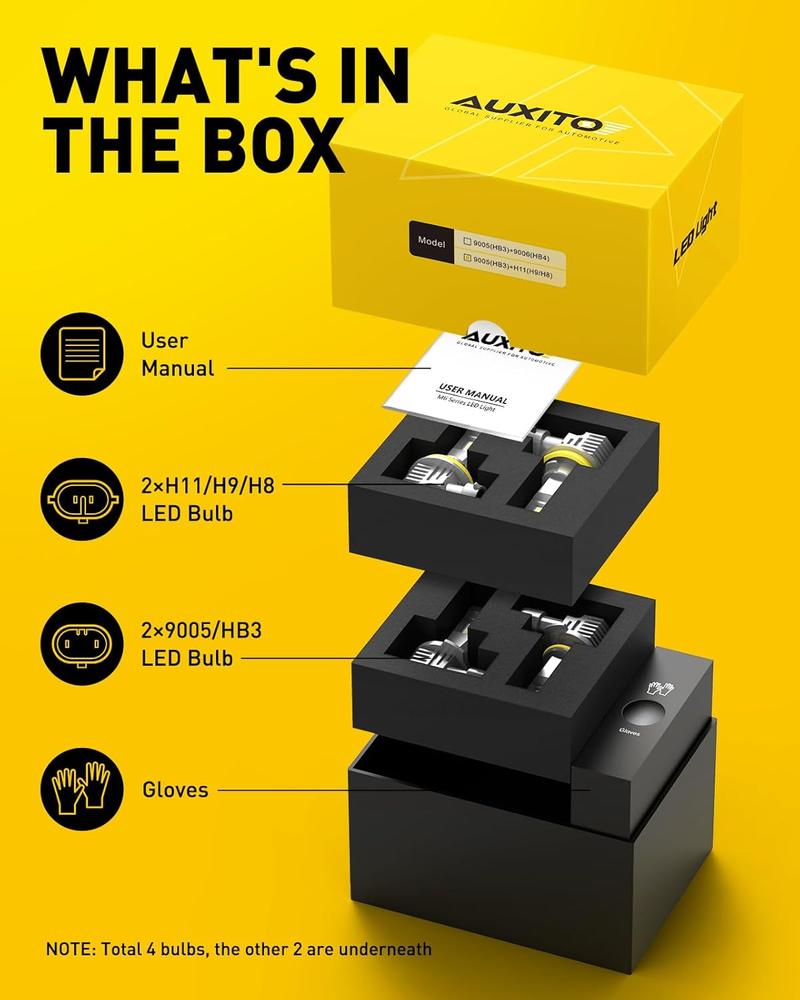 AUXITO 9005/HB3 H11/H8/H9 LED Bulbs Combo, 50000LM Bright 6500K Cool White, 120W Fanless Light Bulbs, Pack of 4 AUXITO 9005/HB3 H11/H8/H9 LED Bulbs Combo, 50000LM Bright 6500K Cool White, 120W Fanless Light Bulbs, Pack of 4